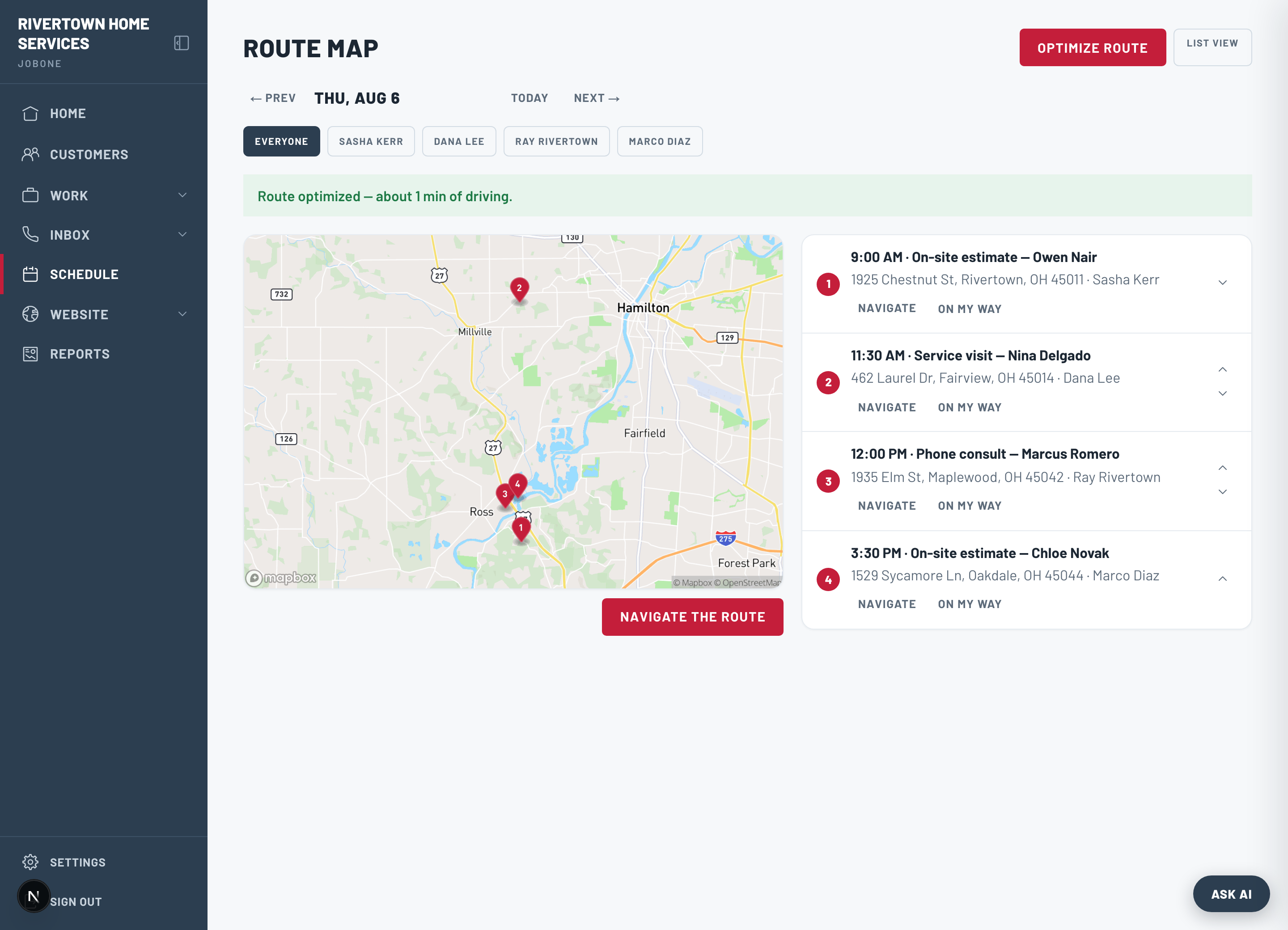 The route map with numbered stops