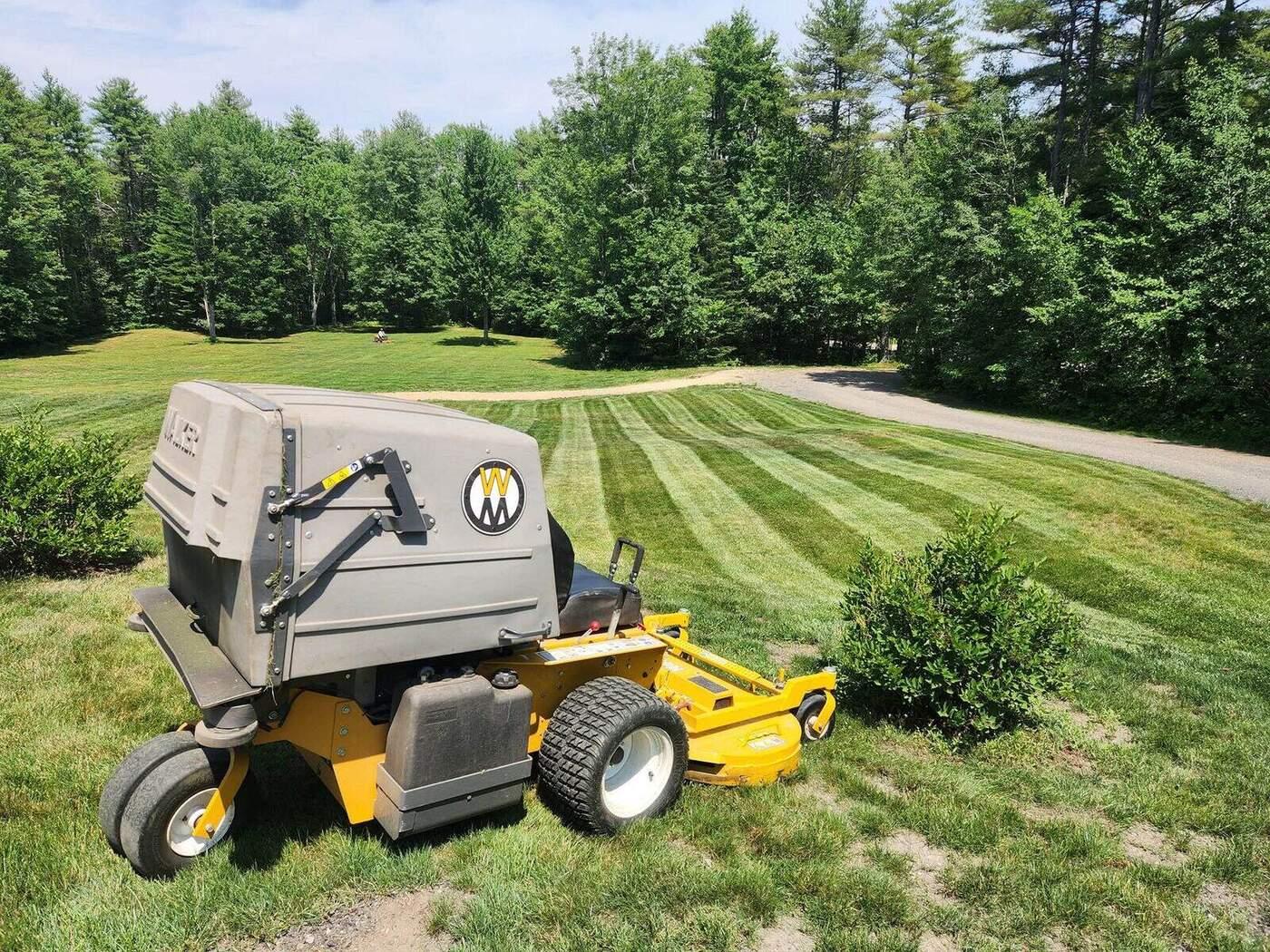Stand-on mower cutting stripes across a residential lawn