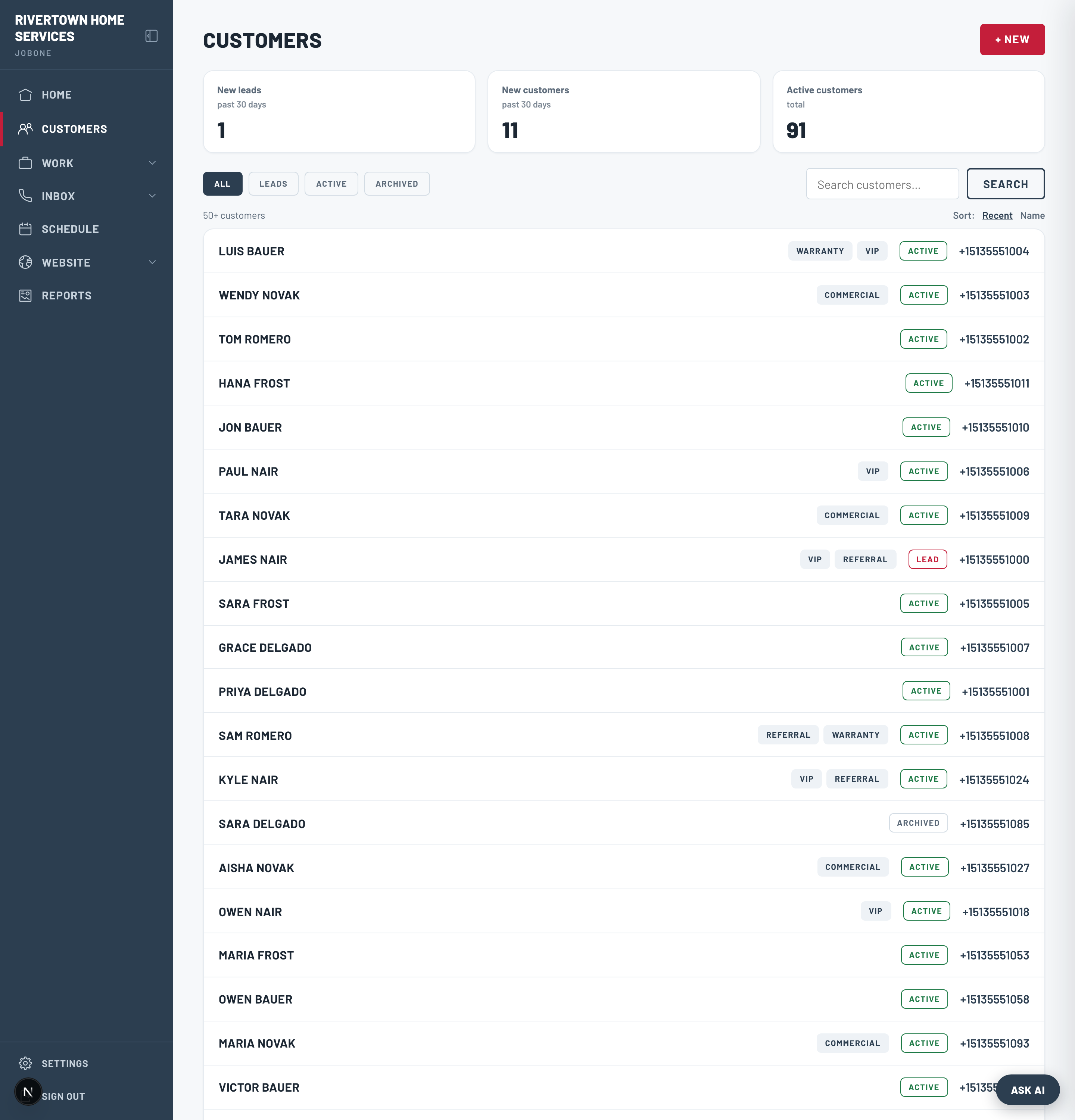 The Customers list with KPI cards, filters and tags