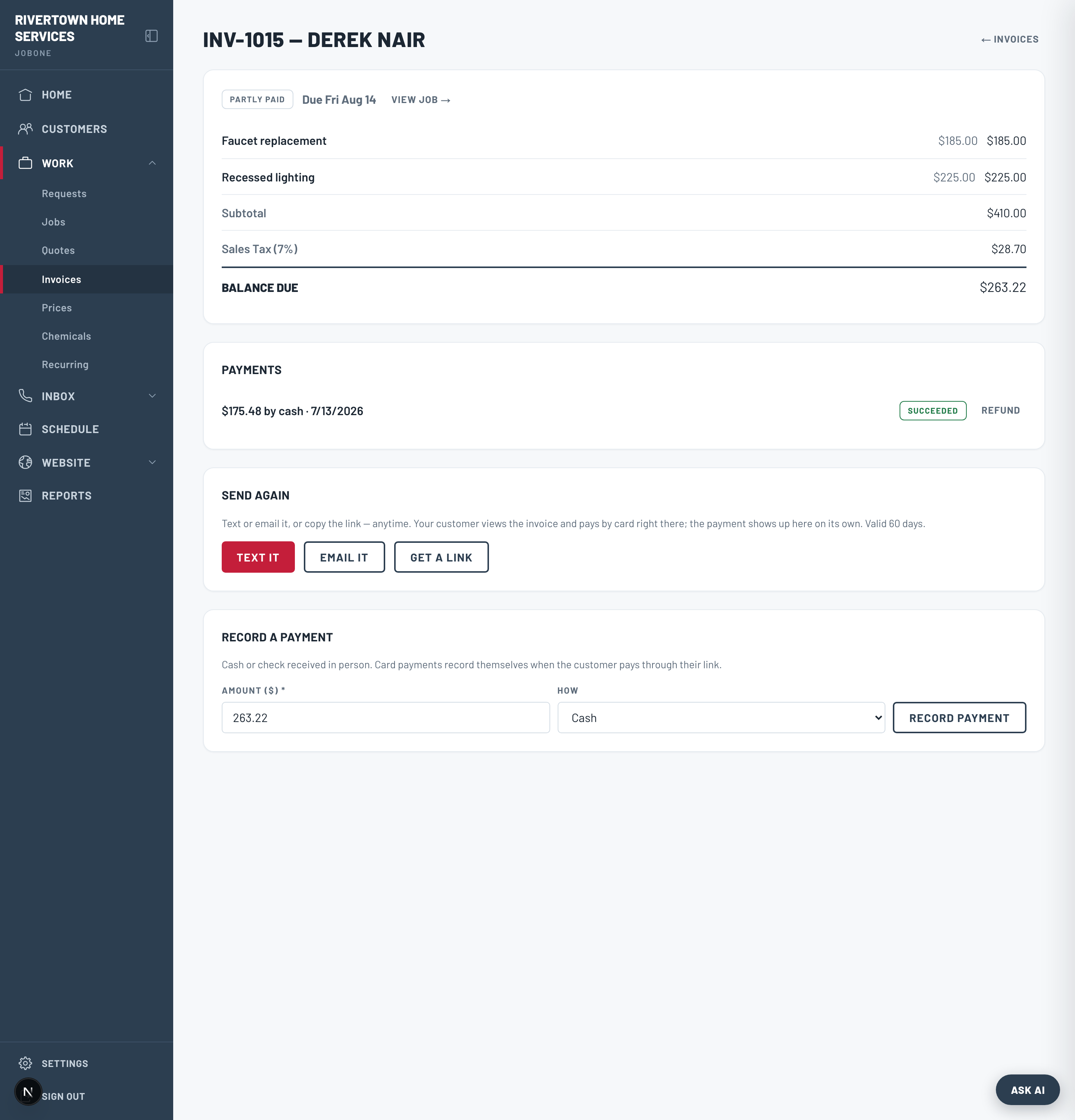 An invoice detail with sales tax and a payment