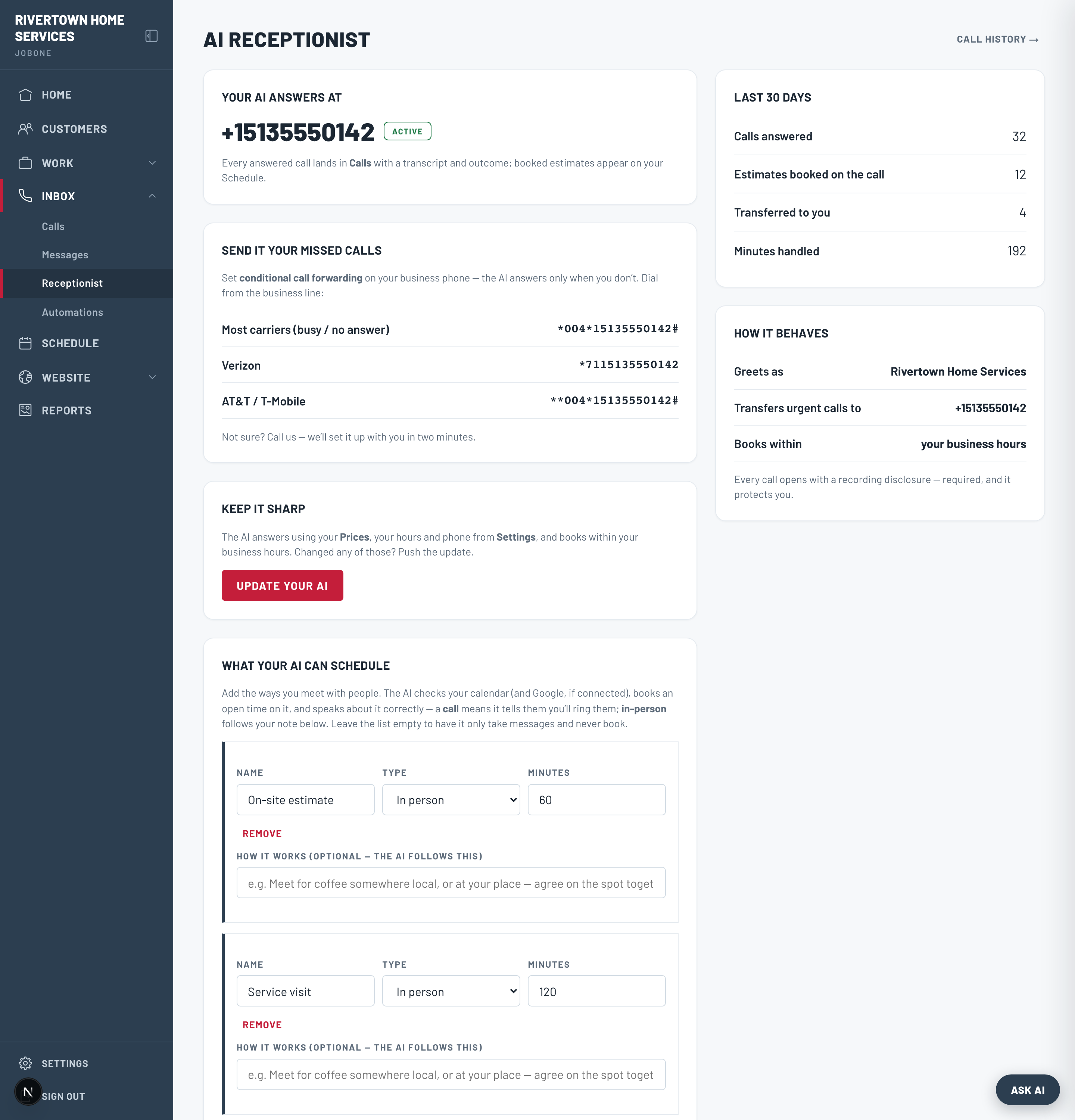 The Receptionist page in JobOne