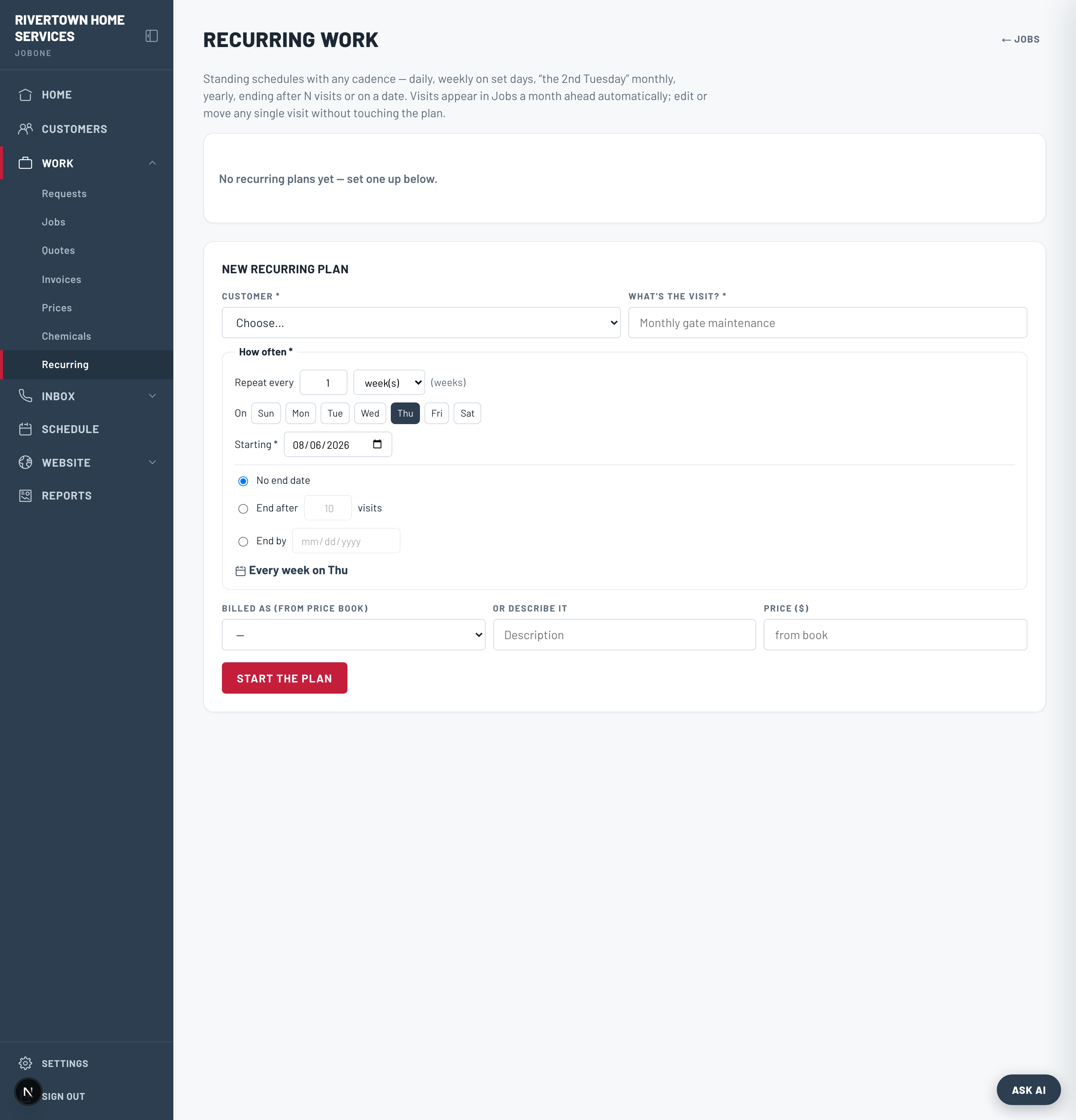 The Recurring work page with the recurrence builder