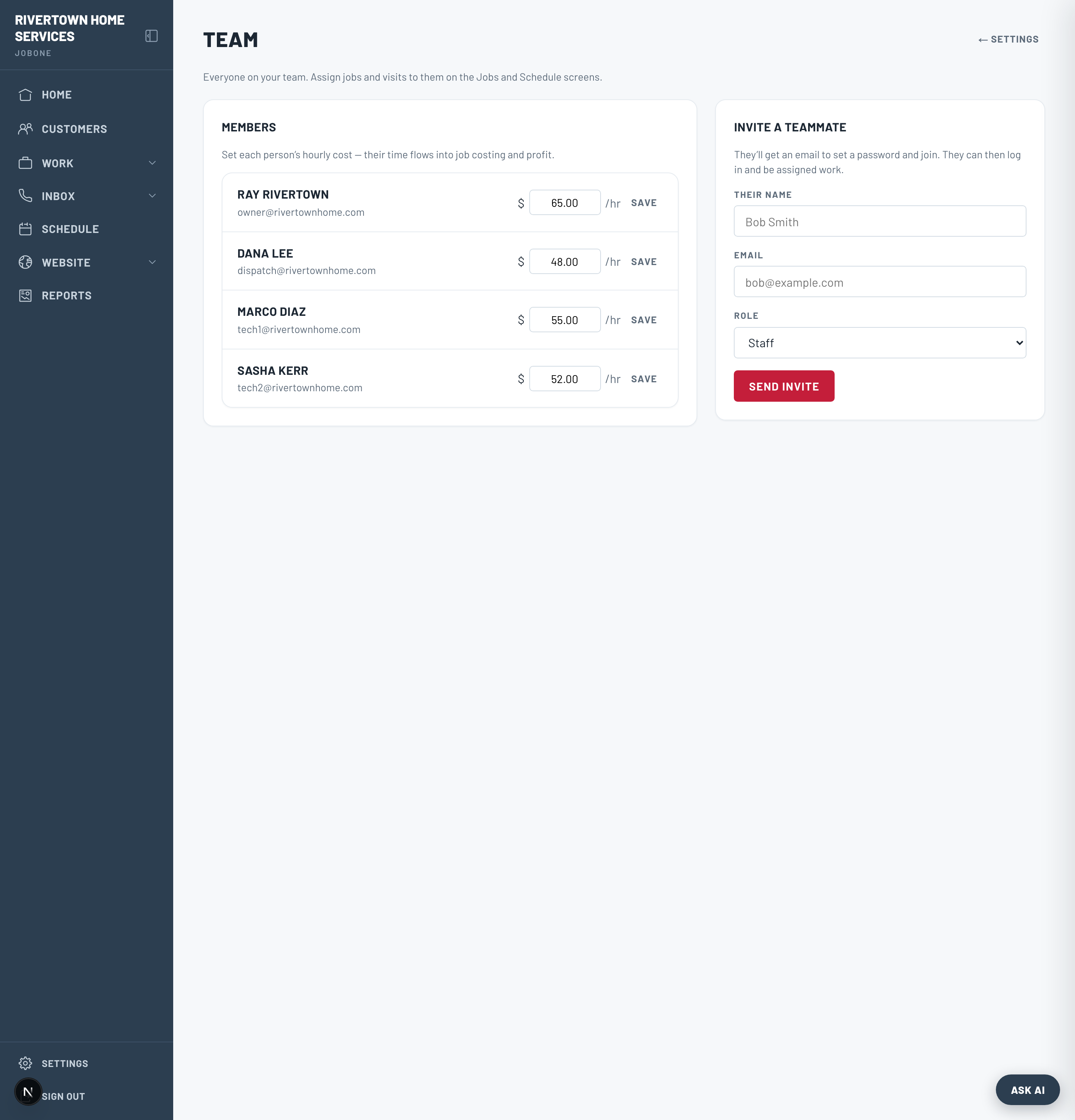 The Team page with members and pending invites